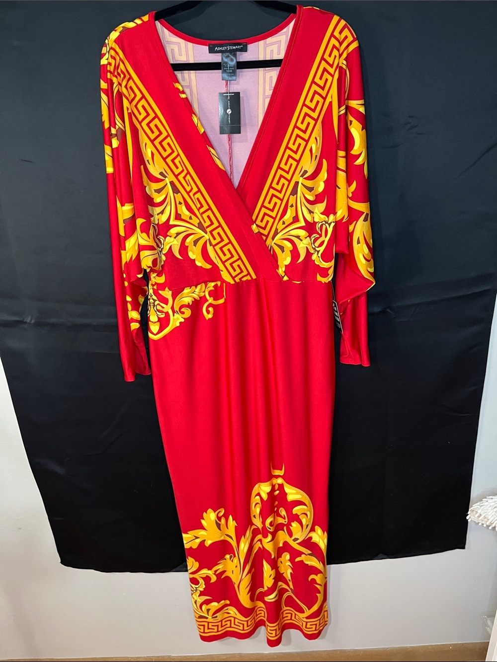 Ashley Stewart Red Maxi Dress with Yellow Baroque Print